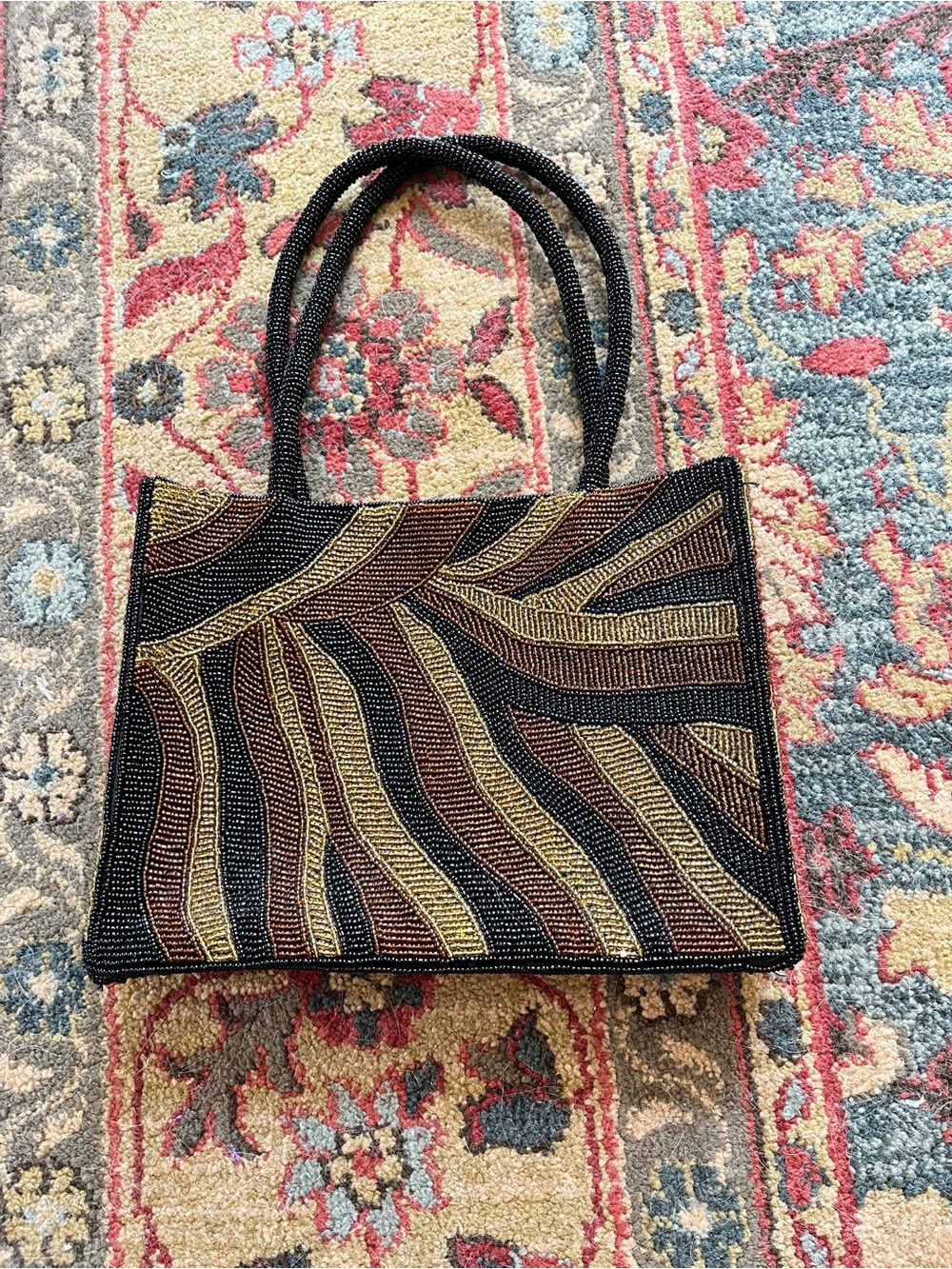 Vintage Beaded Black, Brown & Gold Wave-Pattern Bag